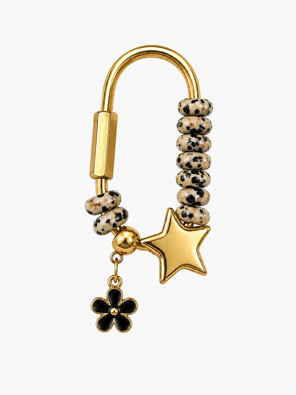 Handmade Gold Tone Brass Carabiner Bag Charm Dalmatian Beads Star Flower